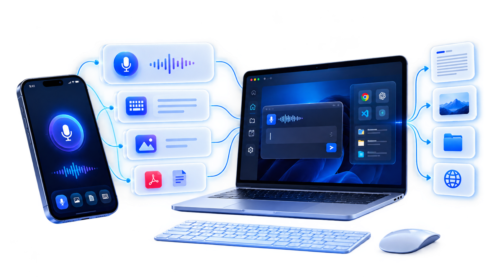 A phone and Windows laptop connected in one voice, text, image, and file workflow