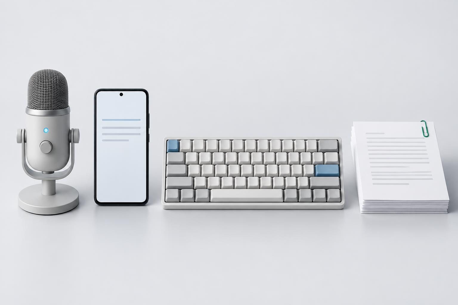 Four input choices illustrated by a microphone, Android phone, keyboard and documents
