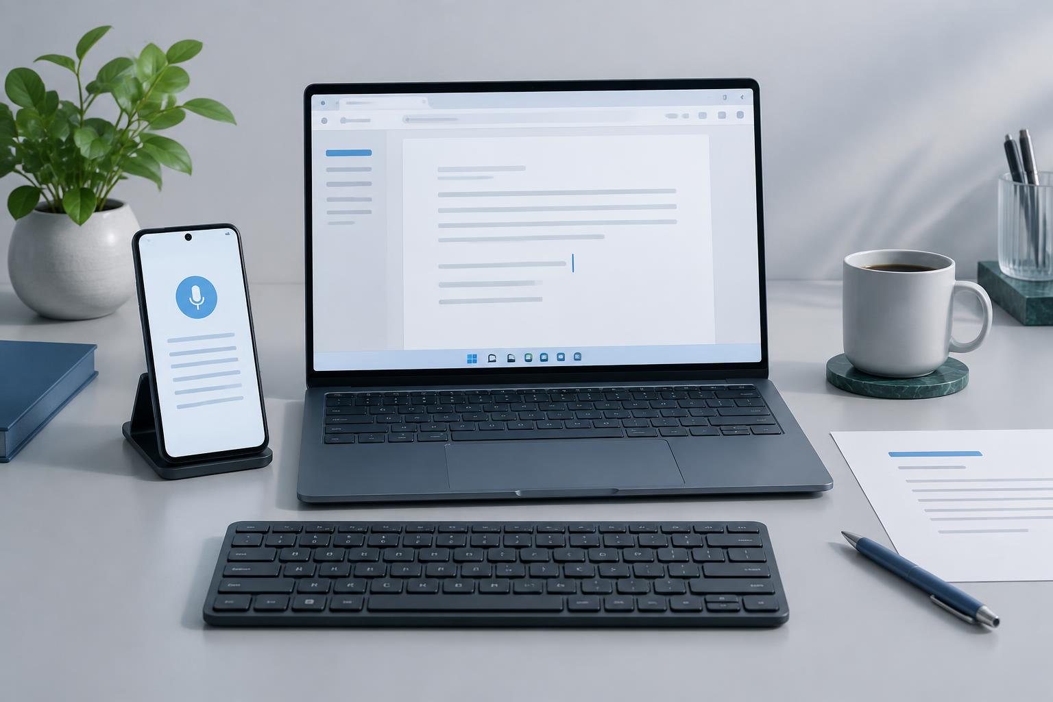 Illustrated workspace with an Android phone, Windows laptop, keyboard and documents